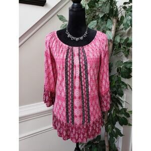 Style & Co. Blouse Top Women XL Pink Geo Print Ruffle Hem Bell Sleeve Round Neck